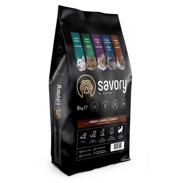 Savory Premium torrfoder för katter, vuxen, lamm och kalkon, sensitiv, 8 kg