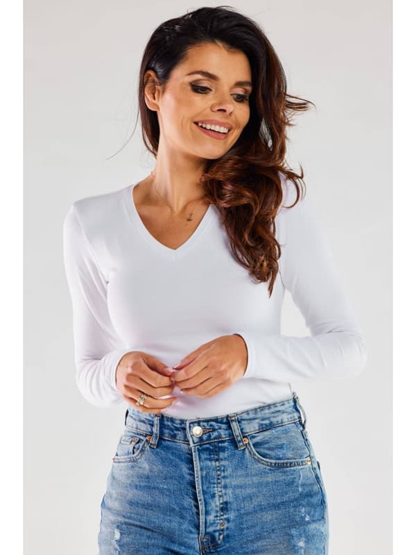 Basis bomuldsbluse med V-hals, hvid M