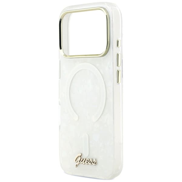 Guess IML Shell Script Metal MagSafe-cover til iPhone 17 Pro Max, hvidt