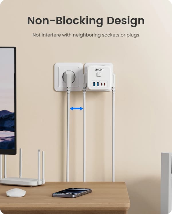 LENCENT PA037EU-2A2C strømskinne 7 stikkontakter inklusive 2x USB A, 2x USB C