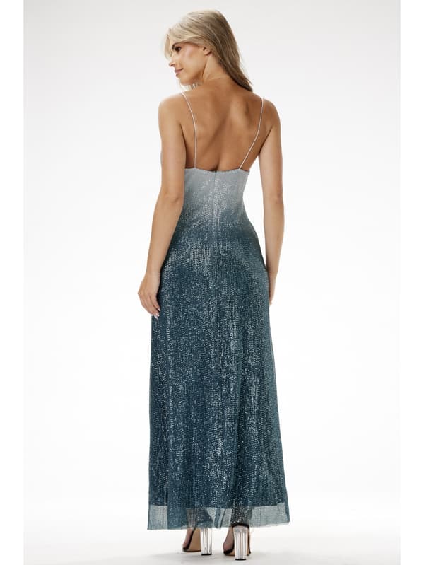 Paillette maxi aftenkjole med stropper, ombre-effekt - grå og blå M
