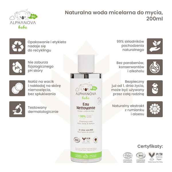 Luonnollinen misellivesi puhdistukseen, 200ml Alphanova Bebe Bio