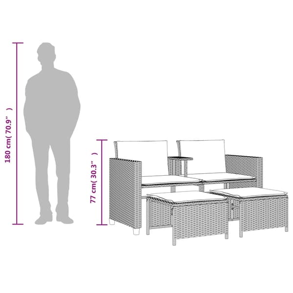 vidaXL 2-sits trädgårdssoffa med bord och pallar, grå, polyrotting