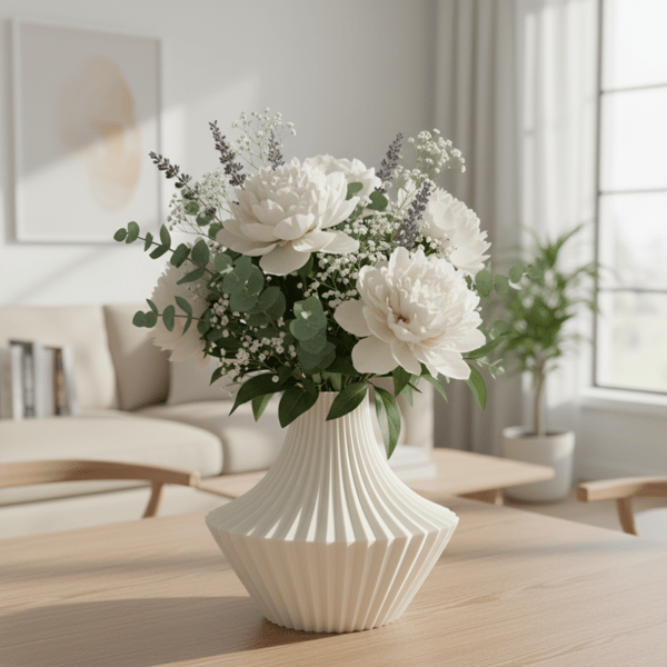 Dekorativ vas i form av veck, vit, för blommor, elegant design