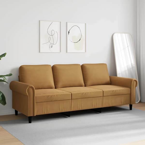 vidaXL 3-sitssoffa, brun, 180 cm, klädd i sammet
