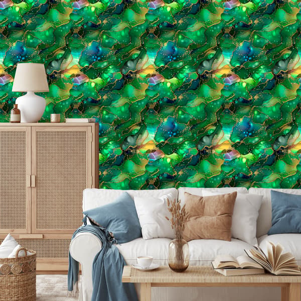 Musteenvihreä, pullonvihreä ja merensininen tapetti 50x1000 cm