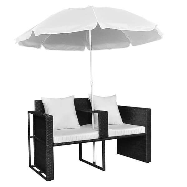 vidaXL havebed i polyrattan med parasol, sort