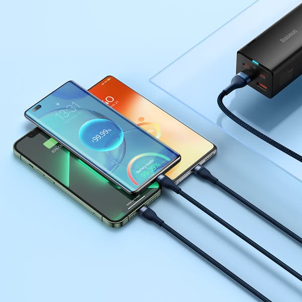 Flash Series II USB-kabel USB-C iPhone Lightning microUSB 100W 1,2m blå
