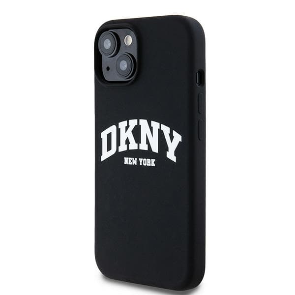 DKNY Liquid Silicone White Printed Logo MagSafe-etui til iPhone 15 Plus, sort