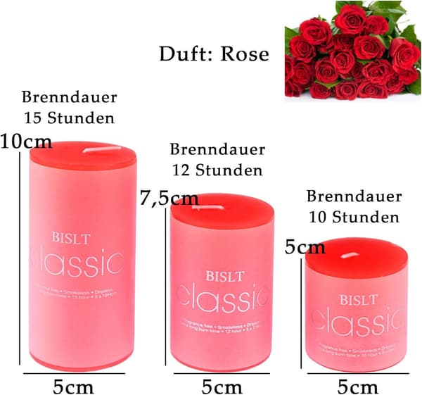 Sæt med 3 røde bloklys 10/7,5/5 cm, rosenduft