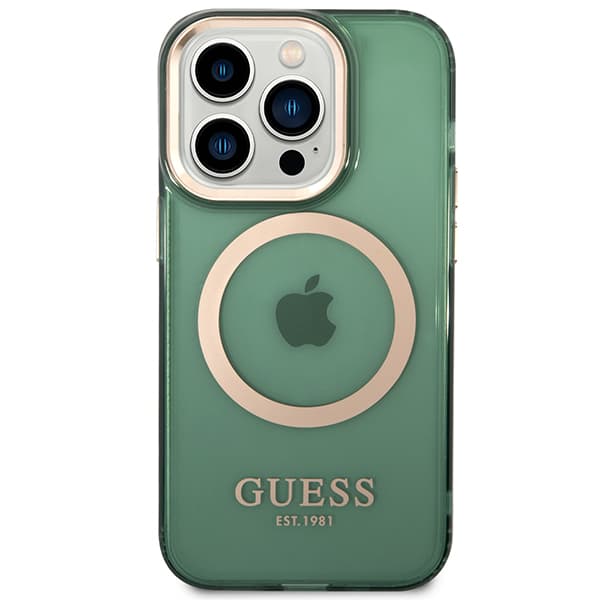 Guess Gold Outline Translucent MagSafe-etui til iPhone 14 Pro Max, grøn