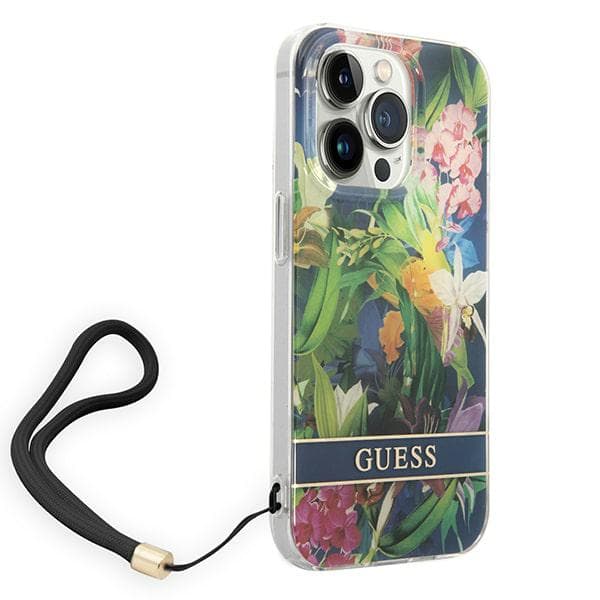 Guess Blomsterrem-etui til iPhone 14 Pro, Blå
