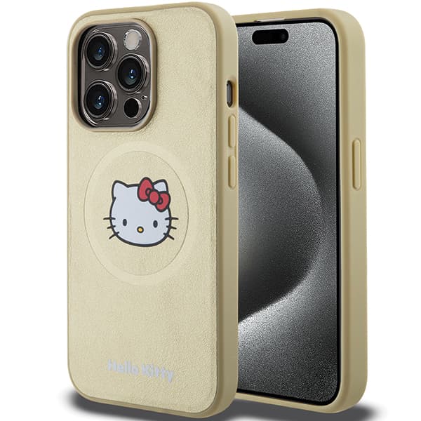 Hello Kitty Læder Kitty Hoved MagSafe Etui til iPhone 15 Pro, Guld