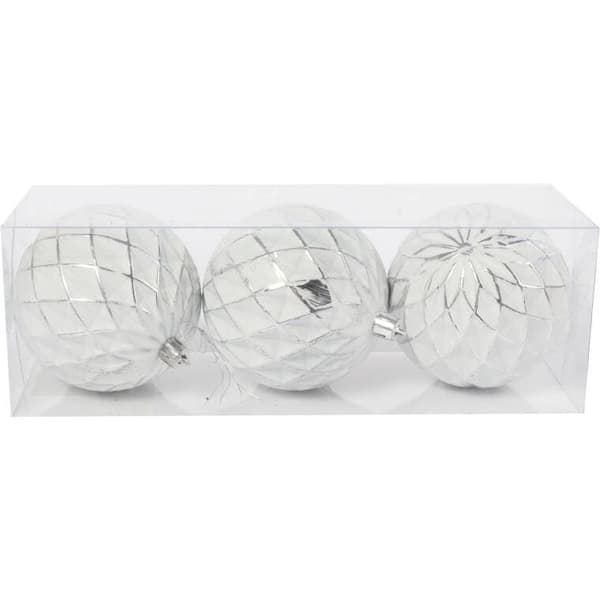 Sæt med 3 plastkuler med dekoration, 8 cm, hvide
