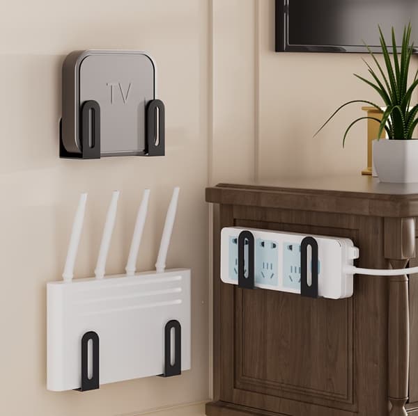 2x Väggfäste för router, dekoder, wifi-modem + monteringslim (svart)