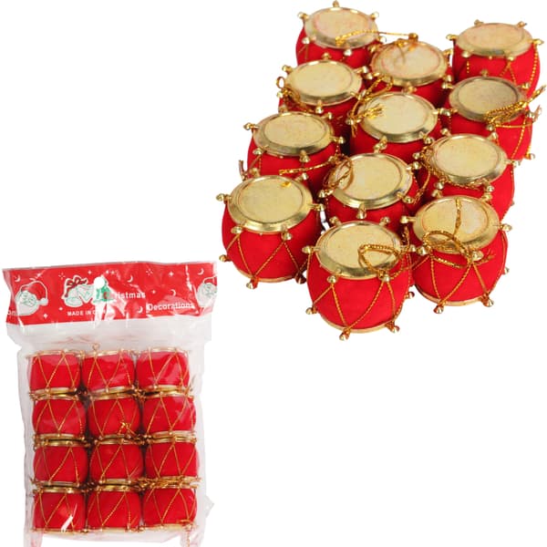 Set med 12 julgranskulor FLOCKED DRUMS röda