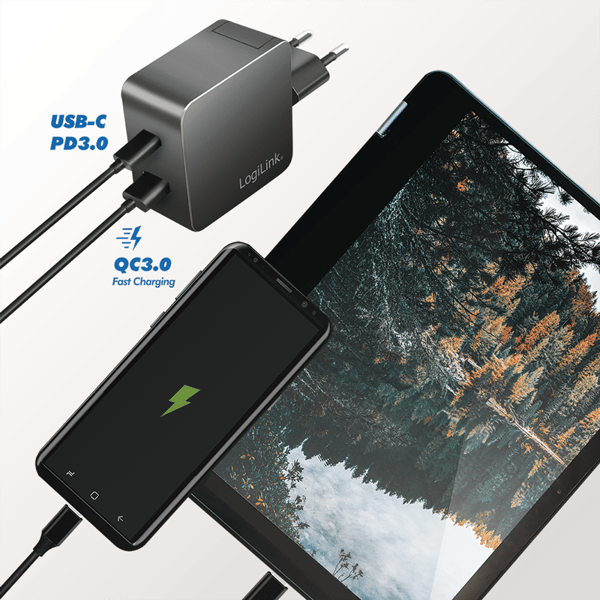 Dobbelt USB-opladeradapter, USB-A/C vægoplader, 45W, sort
