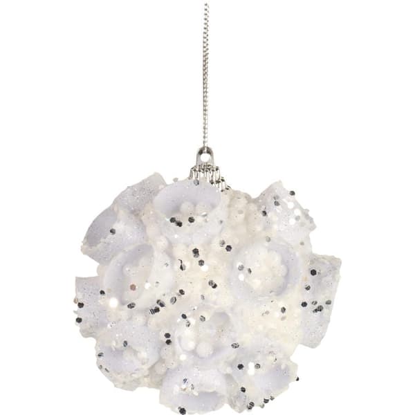 Hvid styrofoamkugle med sølvglimmer, 8 cm