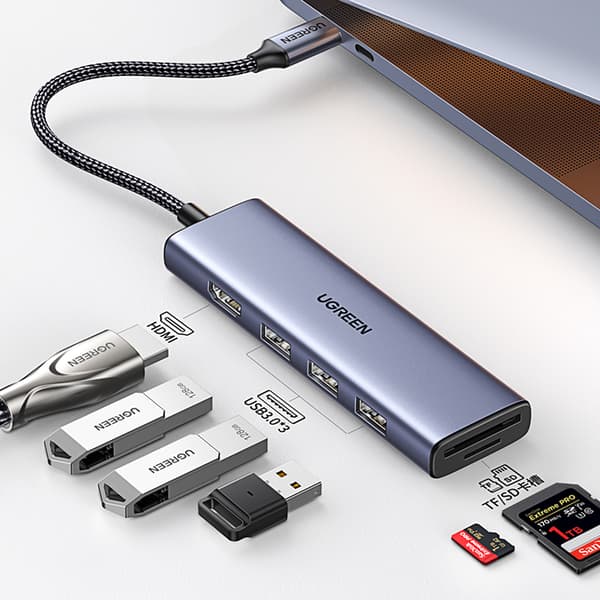 6in1 HUB-sovitin USB-C - HDMI / USB-A / SD TF -kortinlukija - harmaa