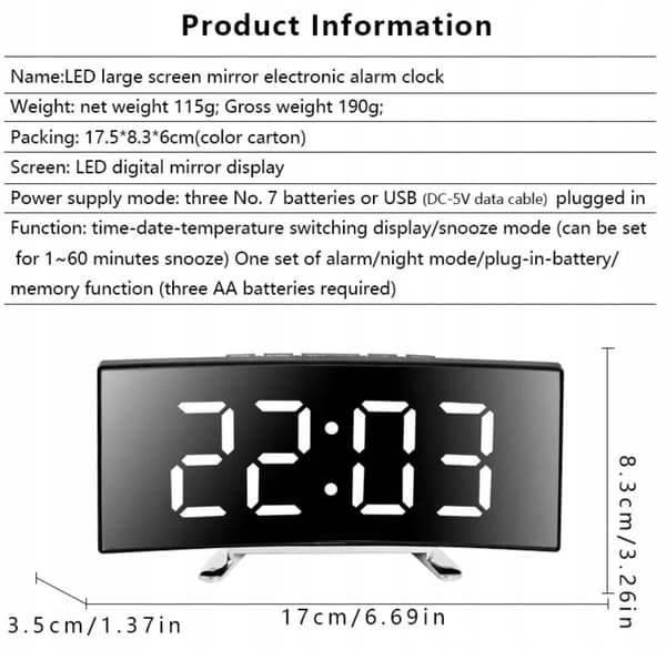 Digital KLOCKA, väckarklocka, stor böjd LED-skärm, datum, temperatursensor
