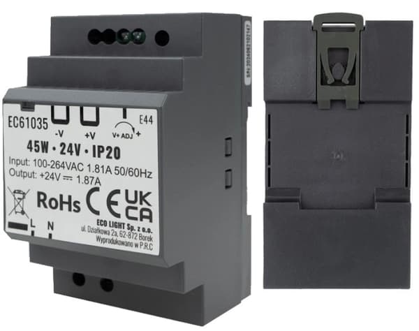 PREMIUM 24V 45W 1,87A DIN-skinne strømforsyning til Ecolight LED-stribe intercom