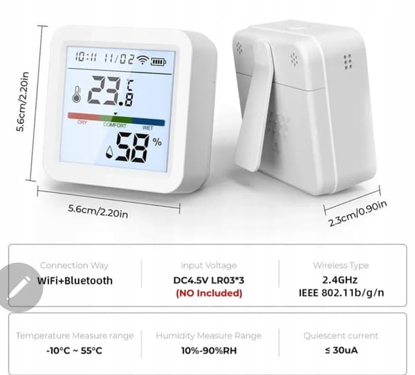 TH05 Tuya WIFI temperatur- og fugtighedssensor, UR, LCD-display