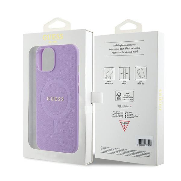 Guess Saffiano MagSafe-etui til iPhone 15 Plus, lilla