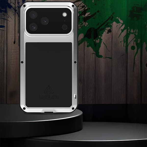 Love Mei cover til iPhone 17 Pro Max, pansret med glas, sølv