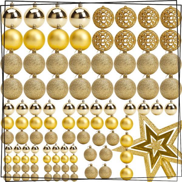 SET MED 100 JULGRANSBOLLAR, PLAST, GYLLENE, REPFRIA