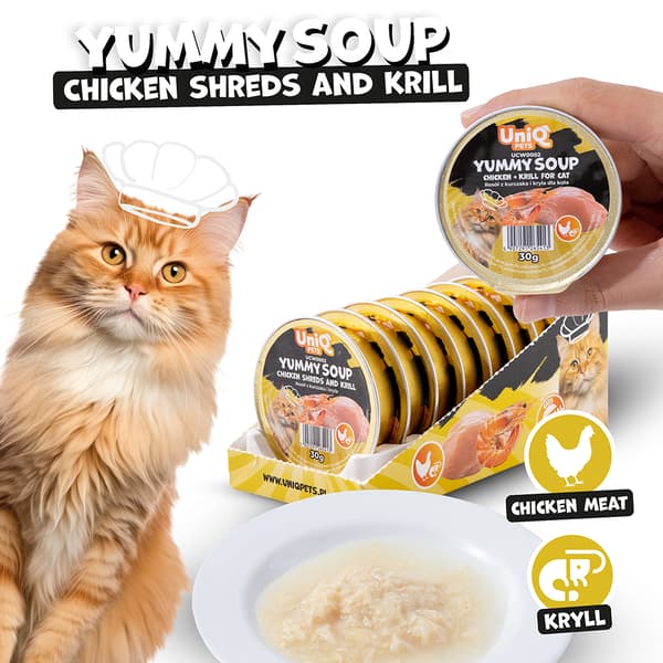 Vådfoder til katte Kylling og Krill Bouillon Yummy Soup UniQ Pets 8x30g