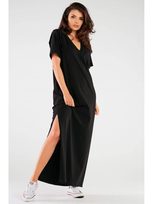 Oversized kimono maxikjole i bomuldsstrik, sort L/XL