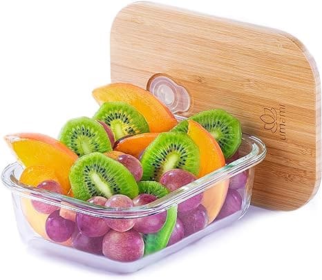 Lasinen ruokasäiliö puisella kannella