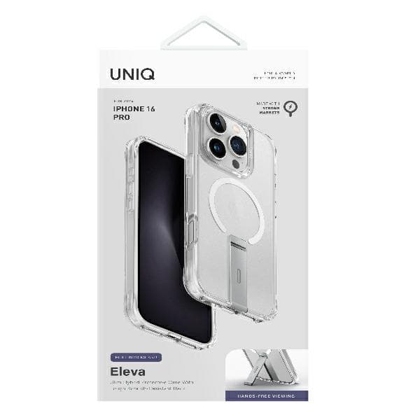UNIQ Eleva -kotelo Vertica-telineellä iPhone 16 Prolle, läpinäkyvä