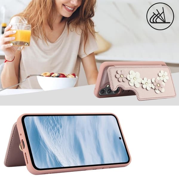 Etui til Samsung Galaxy S23 FE, Læder Blomsterkortholder, Lyserød