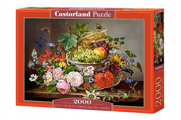 Pussel 2000 bitar stilleben med blommor och fruktkorg