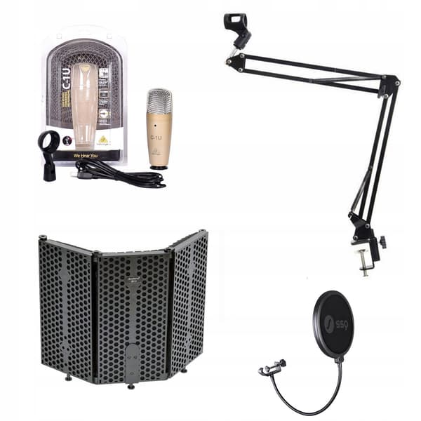 Behringer C-1U - kondensatormikrofon + popfilter + stativ + akustisk skärm