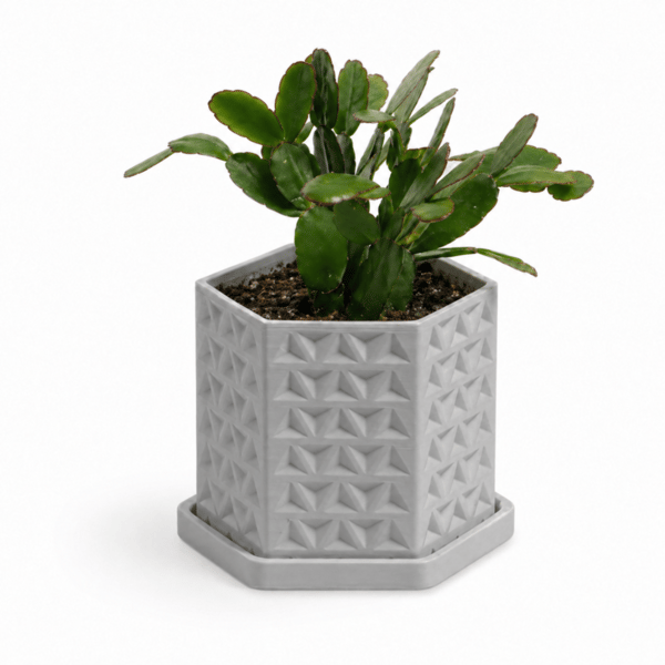 Modern grå geometrisk 3D-blomkruka med fat och dränering