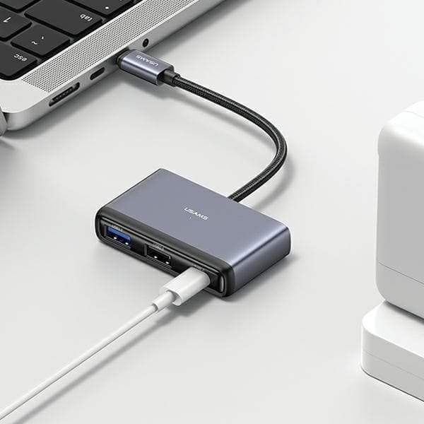 USAMS HUB 4-i-1 Adapter 2xUSB 2.0/USB 3.0/USB-C Grå