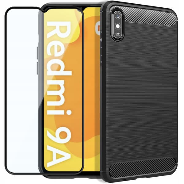 ETUI TIL XIAOMI REDMI 9A / 9AT / 9i ARMOR CARBON ETUI SORT + GLAS
