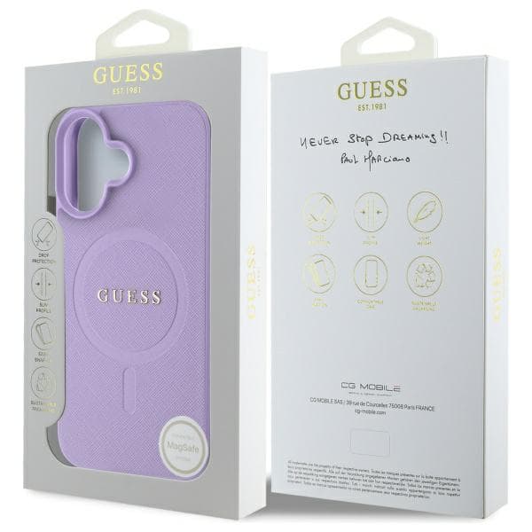 Guess Saffiano MagSafe-etui til iPhone 16, lilla/lilla