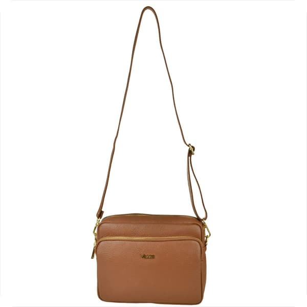 Moderne læder messenger taske, kamelbrun, gulddetaljer, vezze