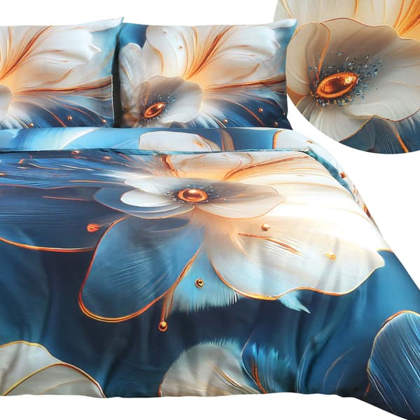 Bäddset 180x200 SATIN BOMULL digitaltryck blommor blå bakgrund