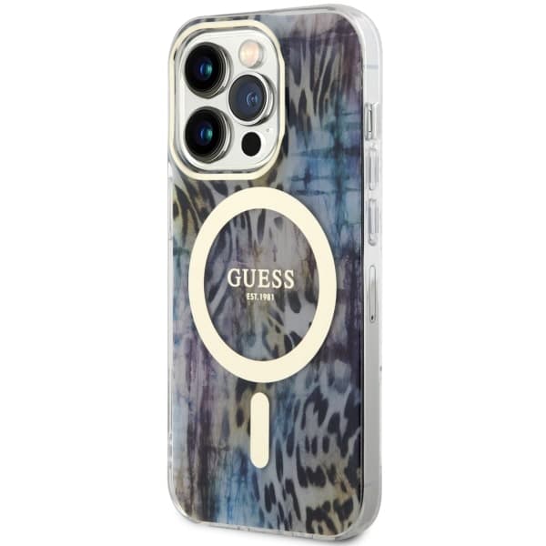 Guess Leopard MagSafe -kotelo iPhone 14 Pro Maxille, sininen