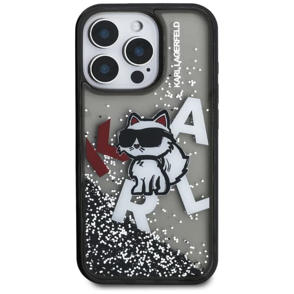 Karl Lagerfeld Liquid Glitter Choupette Logo-cover til iPhone 16 Pro Sort
