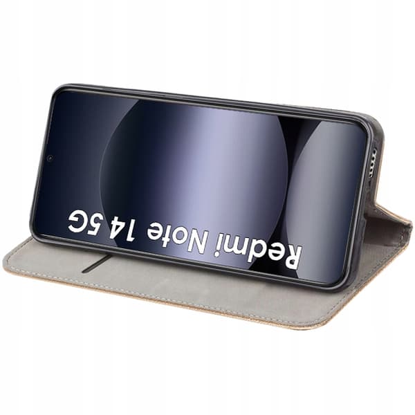 Etui til Xiaomi Redmi NOTE 14 5G SMART MAGNET BOOK CLOSED GULD + Glas