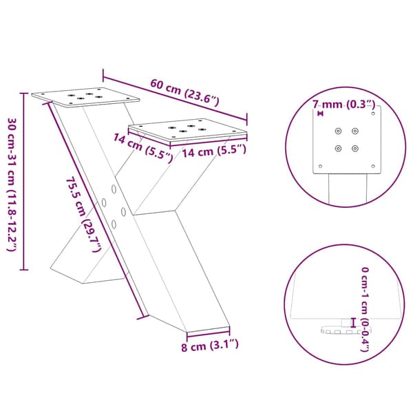 vidaXL sofabordsben, 2 stk., sort, 60x(30-31) cm, stål