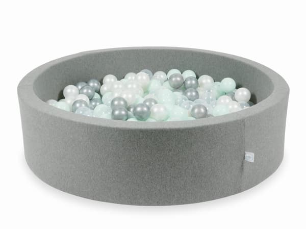 Tør grå pool 110x30 med 400 bolde: transparent, perle, sølv, lys mint