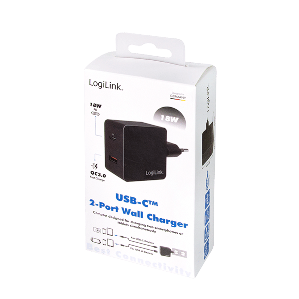 LogiLink USB-reseadapter 1xUSB-C PD + 1xUSB-A QC 18W snabbladdning