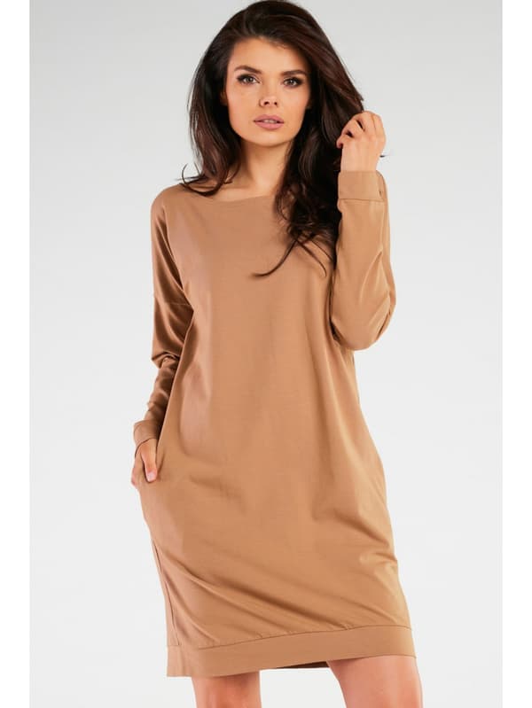Bomullsklänning med långa ärmar, beige S/M