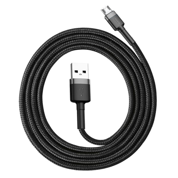 Holdbart fleksibelt kabel USB microUSB QC3.0 2.4A 1M sort og grå
